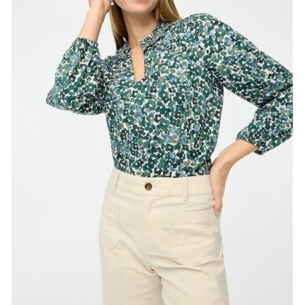 J. Crew Factory Sz S Boho Split-Neck Ruffle Blouse Long Sleeves Green Floral